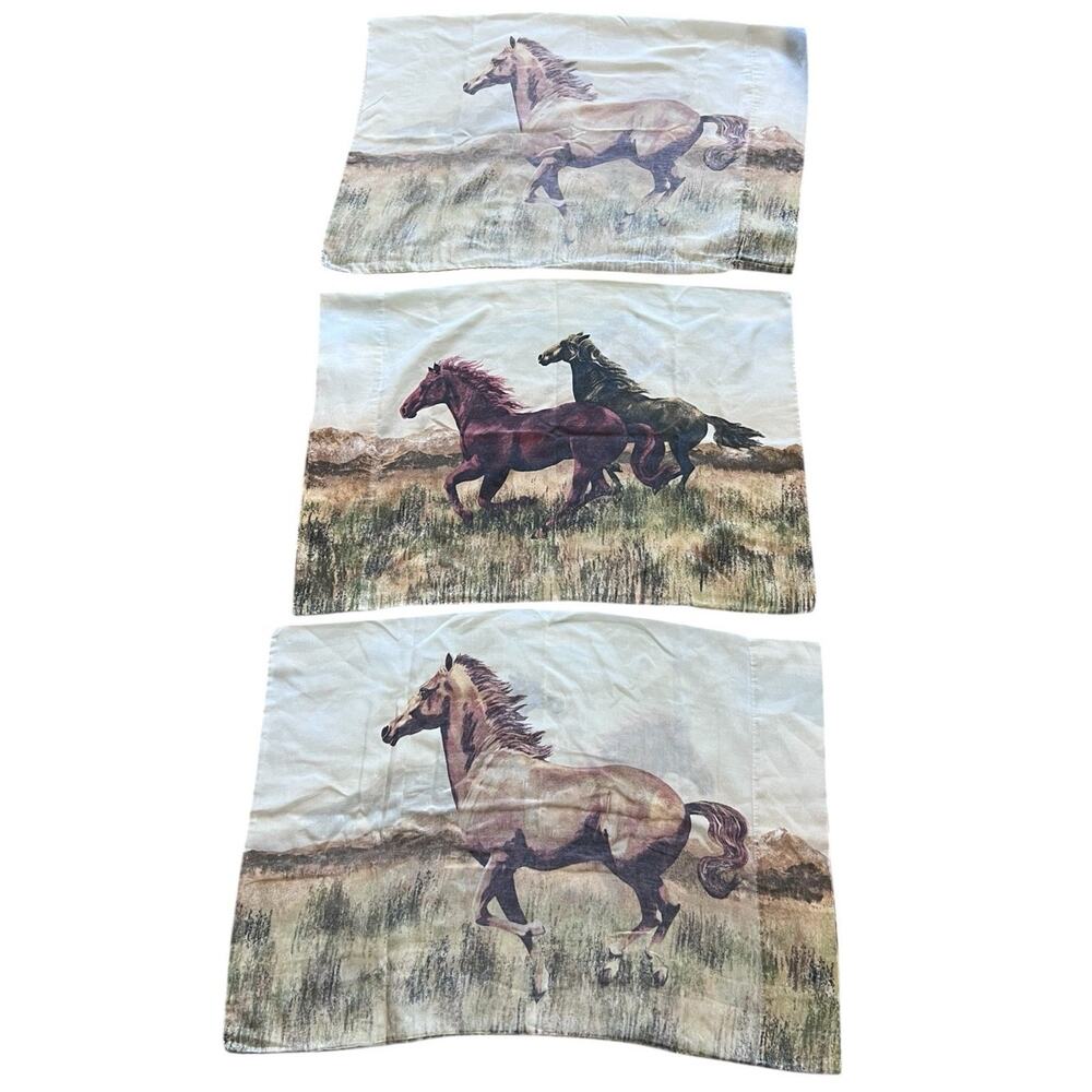 Vintage 2-Sided Horses Western Pillowcase Graphic Spring Made in USA lot of 3